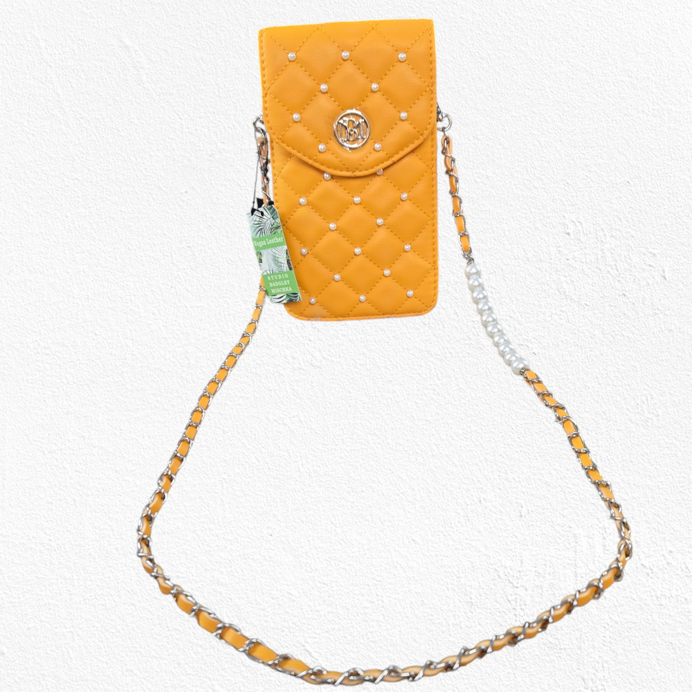 Badgley Mischka Mustard Yellow Quilted Pearl Chain Strap Luxe Phone Case Purse - Picture 2 of 9